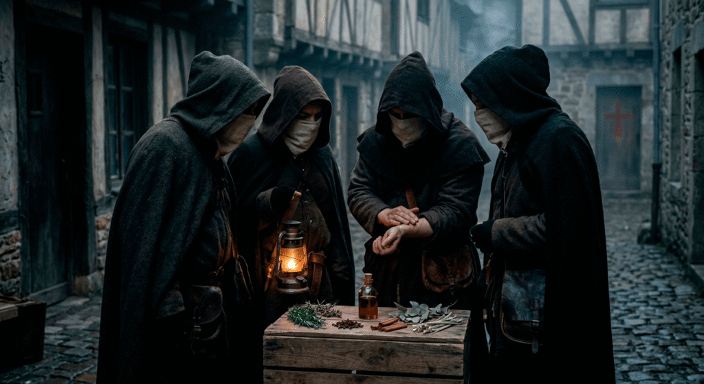 Pintura ilustrando os 4 ladrões na Peste Negra com os óleos essenciais de Alecrim, Cravo, Canela, Eucalipto e Capim-Limão